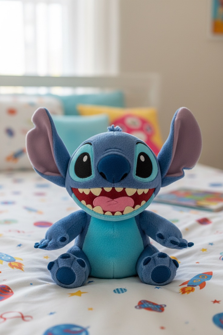 AI-generated blue Stitch plush with pink ears