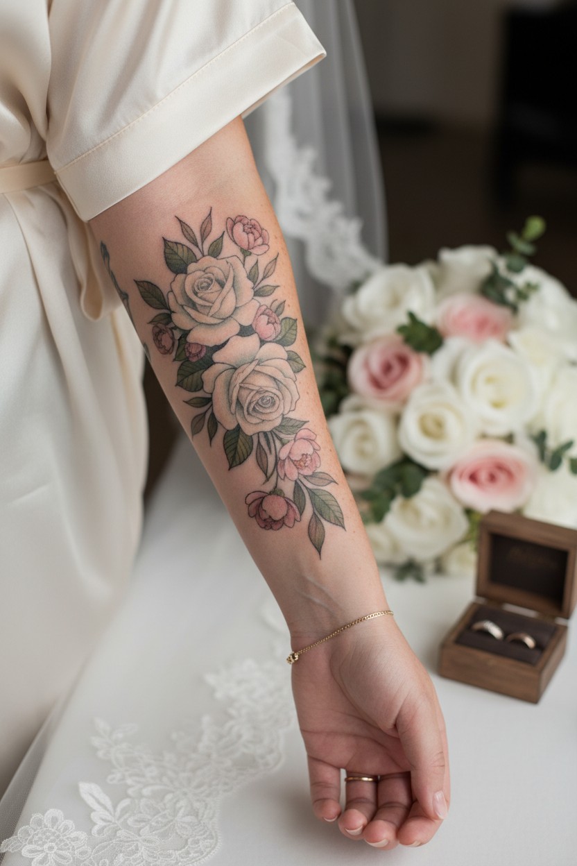AI-generated pink rose tattoos on a forearm